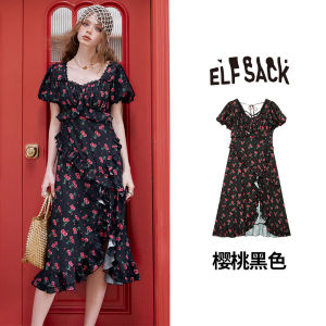 Sweet Loose Printed Dress Fairys Pocket French Estate Cherry Print Hem Design Casual Bubble Sleeve A-Line Midi Summer Dress