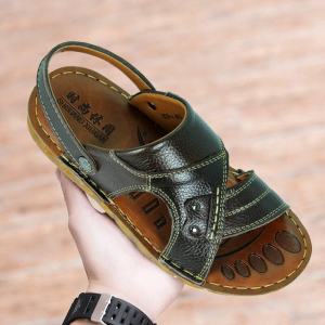 Mens Sandals Summer Breathable Leather Beach Shoes Fashionable Two-Piece Stitched Youth Casual Slip-On Plain Color Flat Heel