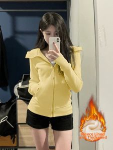 SUHUIQIAN | Slim Waist Warmer Purple Womens Fleece Lined Sweatshirt Coat Short
