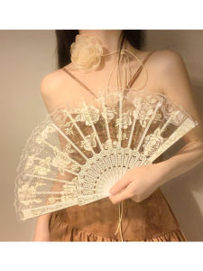 New Chinese Style Lace Rose Fan for Women Summer Folding Dance Special Ancient Style Foldable National Style Horse Tailed Skirt