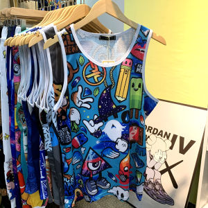 Summer Thin Ice Silk Sweat Vest Men Women Casual round Neck Sports Fitness Shoulder Print Sleeveless Hooded Youth Polyester Spandex