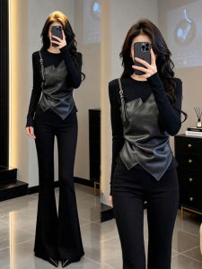 XUECAIQI | Spring Princess Style Faux Two-Piece Outfit Set T-Shirt Bell Bottom Pants