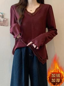 Wine Red Lace V-neck Shoulder Long Sleeves T-shirt Female Winter Velvet Padded plus Size Plus Size Ladies Single-Layer Fleece-Lined Bottoming Shirt Inner Wear Blouse