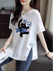 White Ice Porcelain Cotton Mid Length Long Length Short Sleeve T-Shirt Womens Summer K-style round Neck Loose Design Slit Versatile Base