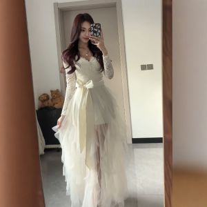 CHANGTONG | V-Neck Lace Cinched A-Line Dress Spring