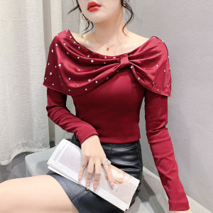 Áo Sơ Mi Nữ Yimei nữ lớn sơ mi nền tảng thanh lịch và thanh lịch có đính cườm cotton áo phiên bản Hàn Quốc nữ hở vai dài tay mới 2024 Áo thun nữ màu đen