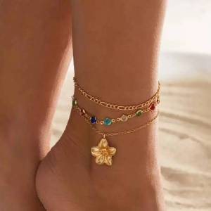 Ingemark | Ingemark 3 Pcs Boho Exquisite Zircon Flower Pendant Anklet Women Trendy Gold Color Crystal MultiLayer Foot Chain Beach Jewelry