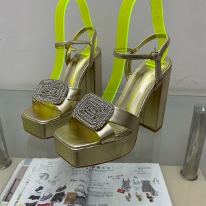 Summer 2023 Gold Color Block Diamond Embellished High Heel Sandals with Buckle Waterproof Platform Square Head Women Shoes