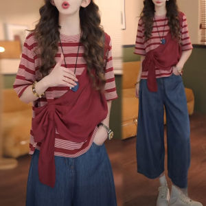 Shalldoer | ชุดเสื้อยืดแขนสั้นลายทางคอตุ้มและกางเกงขากว้างสองชิ้นสำหรับผู้หญิงในช่วงฤดูร้อนปี 2025 ชุดแฟชั่นที่สวมใส่ได้หลากหลาย