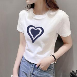 Summer White Short Sleeve Cotton T-Shirt Womens High Waist Slim Fit round Neck Print Casual Korean Style Top for Young Women