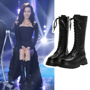 Dilireba Womens High-Top Martin Boots Winter Warm Fleece Thickened Sole Knight Boots Korean Style round Toe Rubber Outsole