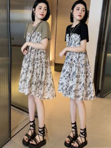 Elegant Floral Print A-Line Mini Dress Womens Fashion Slimming Black Dress Gathered Waist Short Sleeve round Neck Summer Dress