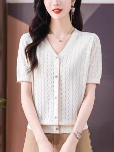 Fancy V Neck Knitwear Short Sleeve T-Shirt Female 2024 New Arrival Summer Western Style Classy Half Sleeve Ice Silk Top Thin