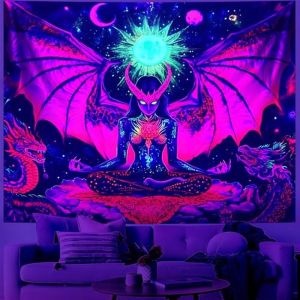 VIKAMA Neon Winged Skeleton Tapestry UV Glow Psychedelic Gothic Wall Hanging Bedroom Dorm Party E-sports Decor