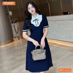 Đầm thiết kế BEMINE cổ sen phối viền gợn sống dáng chữ A phù hợp đi làm-MT11113