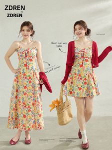 ZHANGDAREN | Đầm Dây In Hoa Pháp Có Size Plus Size Kết Hợp Áo Cardigan Đỏ