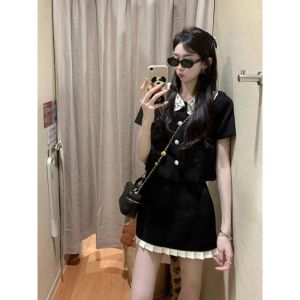 Black Miniature Fragrance Style Doll Collar Short Sleeve Top And Half Skirt Set for Women High-End Summer New Arrival