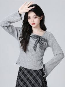 Korean Style Grey Long Sleeve T-Shirt Womens Autumn Pure Desire Unique Beautiful High-End Feel Inner Wear Butterfly Knot Top