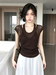 CHOEFULYN | Lace Hollow-out Neck Hanging Knit Short Sleeve T-shirt
