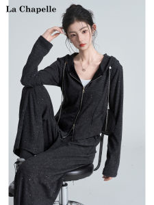 La Chapelle | Sparkly Drilled Rope Drawstring Hooded Double Zipper Grey Dotted Womens Jacket