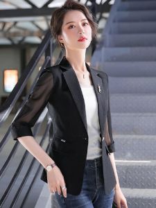 Slim Fit Short Sleeve Womens Blazer Summer Korean Style Mesh Light Weight Sun Protection Shirt One Button Splice Design