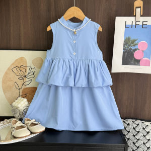 Menoea Summer Kids Clothes Girls Casual Dresses New Baby Clothing Blue Ruffle Single Breasted Patch Sleeveless Princess Dress Childrens Outwear Costumes 3 to 7 Years