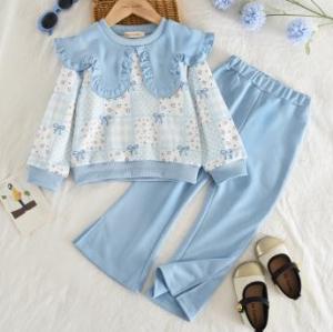 Bear Leader Autumn Long Sleeved Petal Lapel Bow T-shirt Top + Pants Two-piece Set Plain Checkered Print Sports Girls Clothes Korean Version