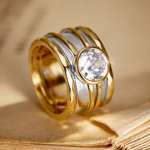 Huitan Noble Two Tone Ring for Women Inlaid Shining Round CZ Gorgeous Party Wedding Lady Finger Accessories Fashion Chic Jewelry