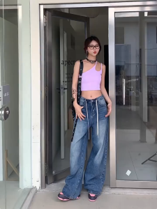 （S-6XL) High Waist Drawstring Baggy Jeans for Women – Plus Size Retro Wide Leg Denim Pants