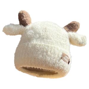 Cute Plush Knitted Hat Womens Thickened Winter Ear Protection Face Slimming round Top Cartoon Style Warm Knit Cap for Teens