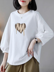 เสื้อยืดแขนสั้นผ้าฝ้ายทรงหลวมสไตล์ลำลองสำหรับผู้หญิง ทรงหลวม ทรงหลวม เสื้อแขนยาวแบบไม่มีกระเป๋า คอตั้ง แขนยาวสามส่วน