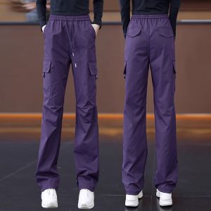 Purple Straight Leg Workwear Pants Womens Autumn Winter New Elastic Waist Drawstring Sports Fleece Trousers Slim Wide Leg Pants