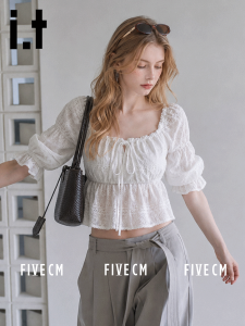 Womens French Square Neck Cropped Slimming Puff Sleeve Short Top