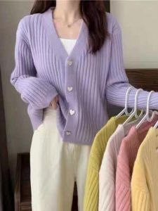 Brand Discount V-Neck Loose Knitted Soft Milk Color Sweater Outerwear Comfortable Casual Style Long Sleeve Autumn Fashion