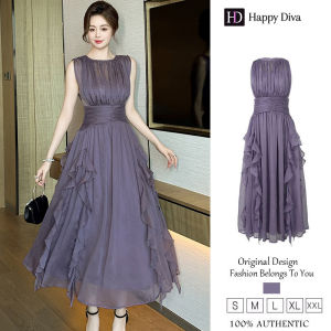 Happy Diva เดรสสีม่วงระบายอากาศดี ผ้าเชิ้ตจีบพลีท ใส่เที่ยว 80175