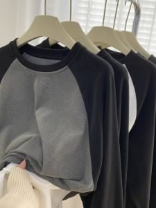 Warm Double-sided Velvet Long Sleeve T-shirt American Style Shoulder Insert Loose Fit Mens Autumn Winter Base Layer Shirt Trendy Top