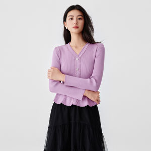 Koradior | Chic Ruffle V-Neck Slim Fit Pullover Knit Sweater