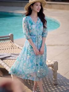 Misoshine | Hazy Fog Blue 100 Silk Summer New Elegantly Designed V-neck Three-quarter Sleeve Dress