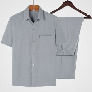 Ice Silk Thin Short Sleeve Shirt Set for Dad Summer Tai Chi Clothes 70 Years Old Grandpa Style Middle Aged And Elderly Mens Clothing