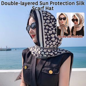 Double-Layer Double-Sided Satin Silk Scarf Cap Sun Protection Multi-Functional Elegant Fashion Headscarf