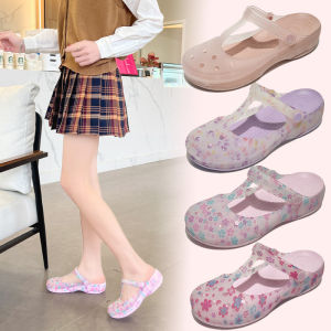 Mary Janes Clog Shoes Womens Summer Nurse Sandals Anti-slip Thick Bottom Beach Shoes Soft Bottom Jelly Toe Cover Outdoor Slippers