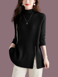 เสื้อสเวตเตอร์ถักคอปกสูงแบบลำลองสำหรับผู้หญิง ทรงหลวม แขนยาว ปกติ ฤดูใบไม้ร่วง/ฤดูหนาว เสื้อชั้นในถักลายสีพื้น