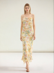 COCOBELLA | French Lace Floral Chiffon Elegant Hem Spaghetti Strap Dress