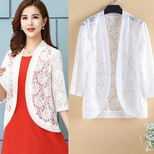 6xl Big Size Women Jackets Three Quarter Sleeve Solid Lace Patchwork Thin Coat New 2021 Ladies All Match Casual Open Stitch Tops