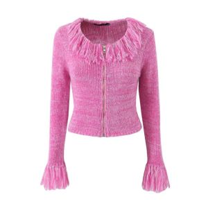 Retro American Y2K Hot Girl Fringed Belly Button Baring Short Knitted Zipper Open Cardigan Coat Pink Red Street Style Knitwear