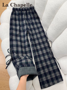 La Chapelle | Warm Thick Blue Check Plaid Loose Flannel Wide Leg Pants