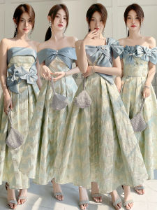 Green Satin Maids Dress Korean Style Womens Long Gown Wedding Party Performance Suitable Polyester Nylon Material