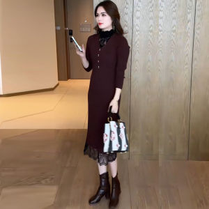 Fashionable Lace Knitted Dress Womens Long Dress Spring Autumn New Style Anti-Aging Stylish Base Layer Sweater Dress