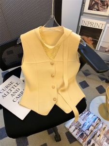 สไตล์ฝรั่งเศส สายสะพายสีเหลืองถัก เสื้อกั๊ก ผู้หญิง ฤดูร้อน ดีไซน์ High End ลูกไม้ คอ V แขนกุด ชุดสูท เสื้อท่อนบน กระดุมเดี่ยวความยาวสั้น