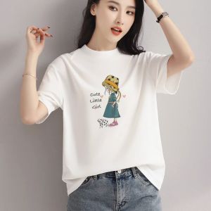 SUSHOUWANGE | Semi-high Collar Summer New Pure Cotton White Loose Large Size Stylish T-shirt